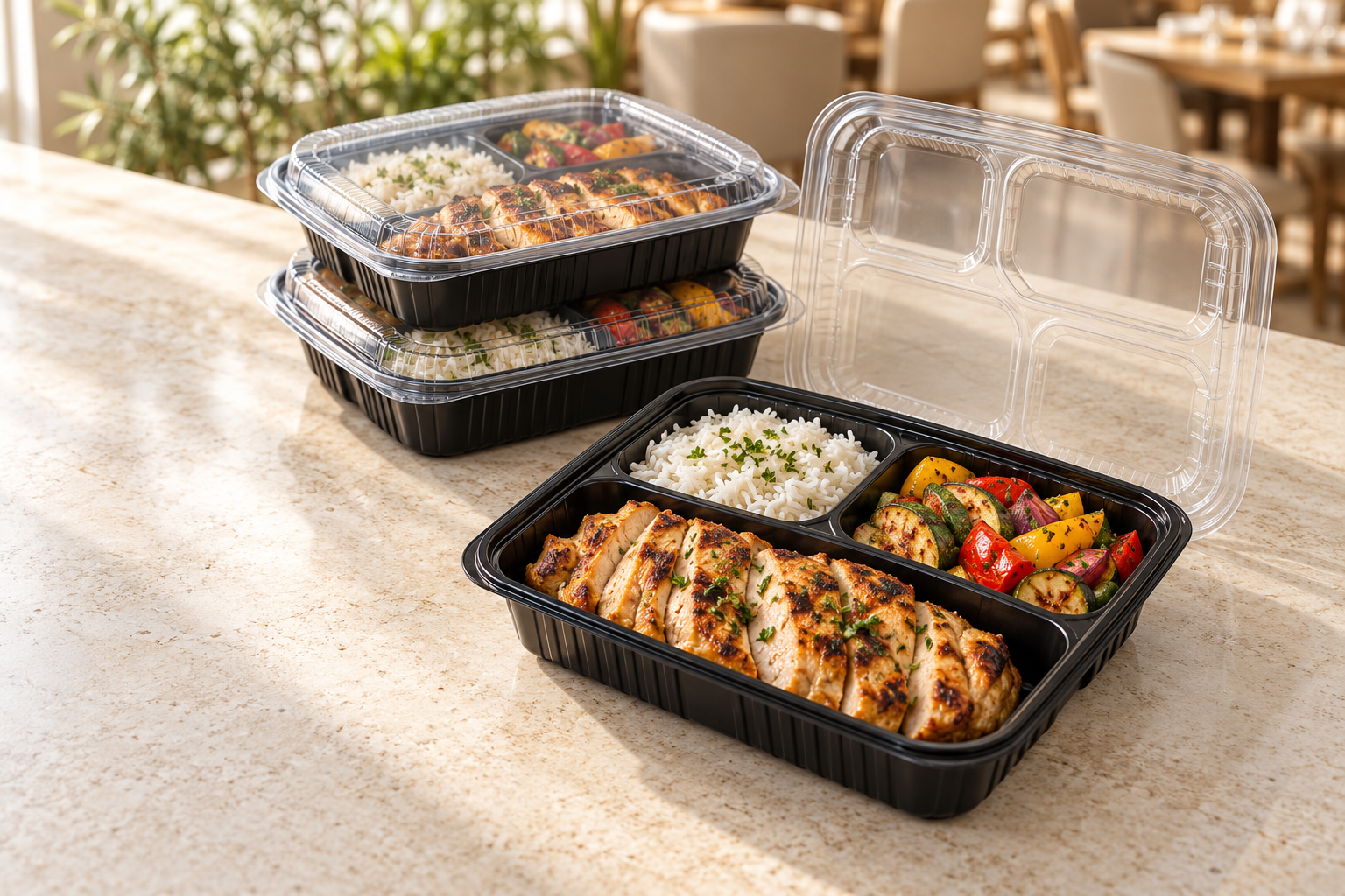 Contenedores redondos y rectangulares para diferentes alimentos.